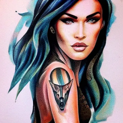 Prompt: tattoo sketch of megan fox's face shape created in amazing mountain scenery, in the style of dan mountford