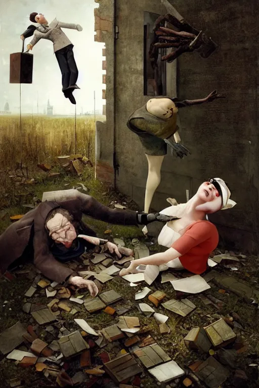 Image similar to man breaking into pieces while a woman tries to hold the fallen parts, surreal, ray caesar and john constable