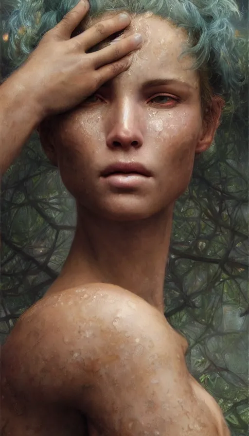 Image similar to epic masterpiece jackie moore, sweaty skin, hyperrealistic, octane render, cinematic, beautiful face and flawless skin, perfect hands, 5 fingers, by edgar maxence and ross tran and michael whelan, legends of runeterra