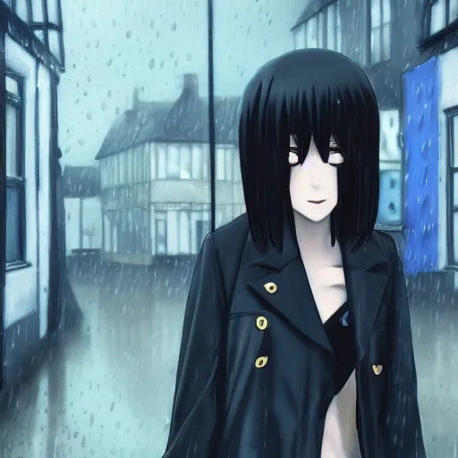 Image similar to 1 7 - year - old anime goth girl, black hair, long bob cut, long bangs, gothic coat, long bangs, united kingdom, rainy day, small town, midlands, english village, street scene, ultra - realistic, sharp details, cold lighting, blue and gray colors, intricate details, subsurface scattering, hd anime, 2 0 1 9 anime