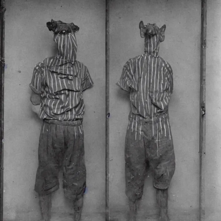 Image similar to crocodile headed man wearing striped prison clothing, colorized old jail mugshot