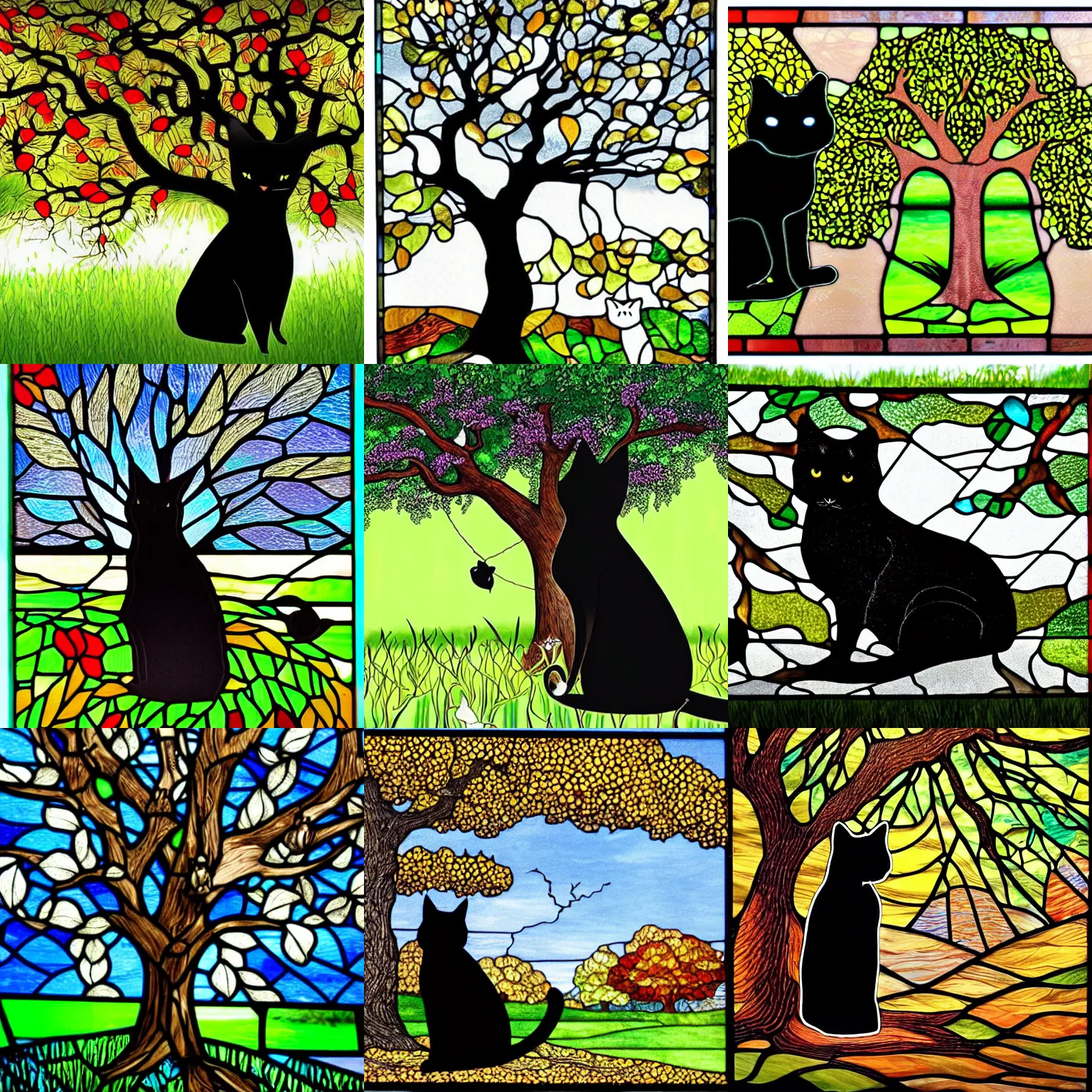 Prompt: wonderful stained glass of a black cat under a beautiful oak tree on a sunny day, black cat on the grass under the tree, extremely detailed, masterpiece