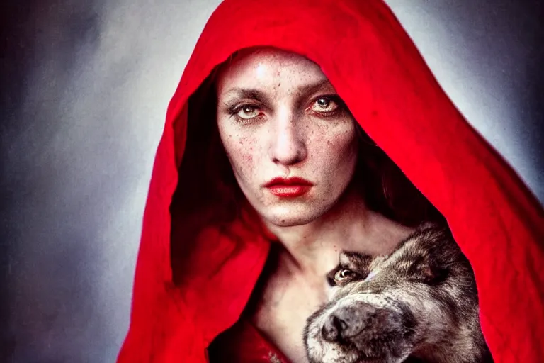 Prompt: a highly detailed cinematic headshot portrait color photograph of red riding hood facing a wolf, ultra realistic, depth, beautiful lighting, by richard avedon and annie leibovitz and arnold newman, photorealistic, hyperrealistic, octane, epic composition, hasselblad camera, 5 0 mm, sharp focus, perfect facial symmetry