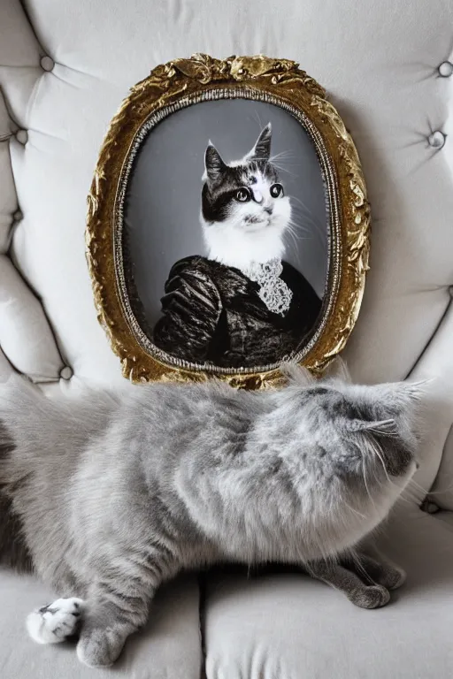 Prompt: a silver gelatin photo portrait of a royal cat, editorial photo from cat lovers magazine, outrageously fluffy, on an embroidered velvet cushion on a neo - rococo gilded little bed, photography, wide shot