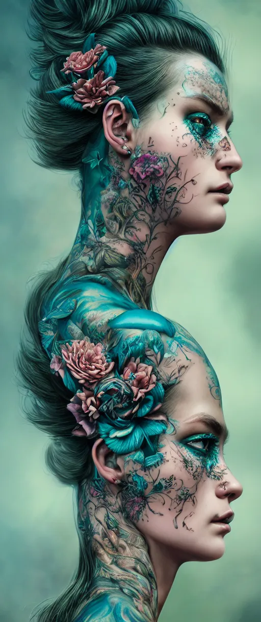 Image similar to hyperrealistic hyper detailed close-up side portrait of gorgeous woman covered in rococo flower tattoos matte painting concept art hannah yata very dramatic dark teal lighting low angle hd 8k sharp 35mm shallow depth of field