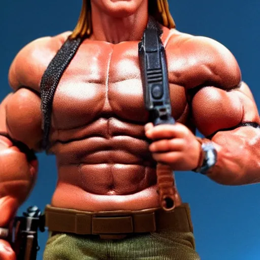 Prompt: a 12 inch action figure of Arnold Schwarzenegger from Commando. Big muscles. Holding an automatic rifle in his hands. Plastic shiny. Full body