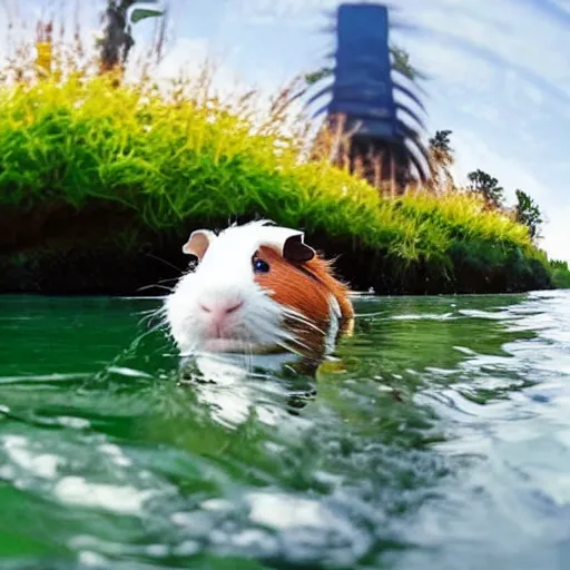 Image similar to a guinea pig paddling a kayak in the style of Studio Ghibli