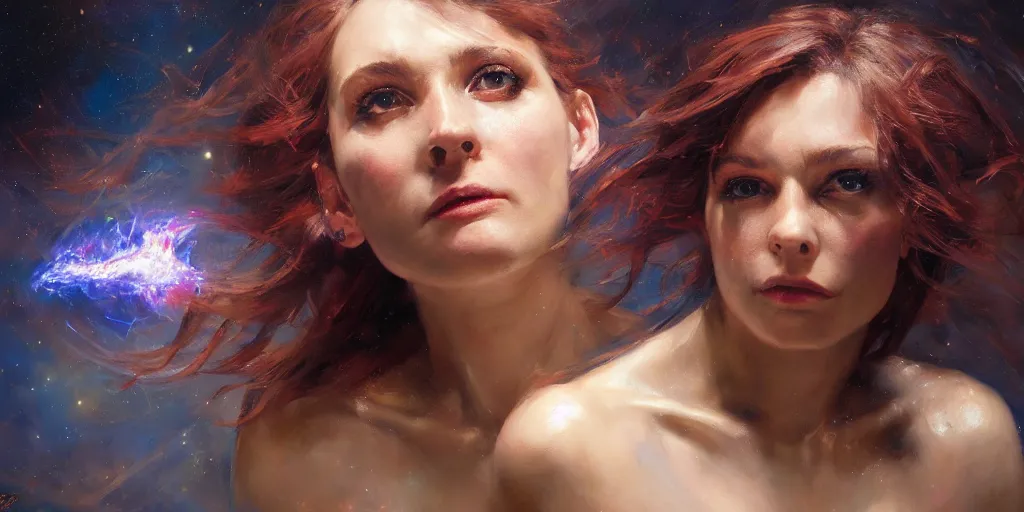 Image similar to portrait of a demon female fell from a starry sky like a meteor. by daniel f. gerhartz, hyperrealistic oil painting, 4 k, studio lightning, very detailed faces