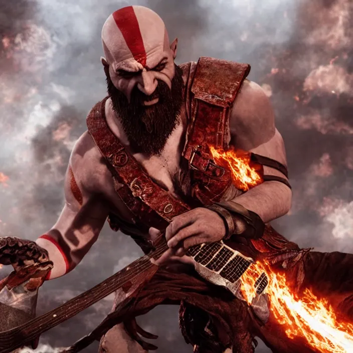 Image similar to kratos rocking out on a flaming stratocaster guitar, cinematic render, god of war 2 0 1 8, playstation studios official media