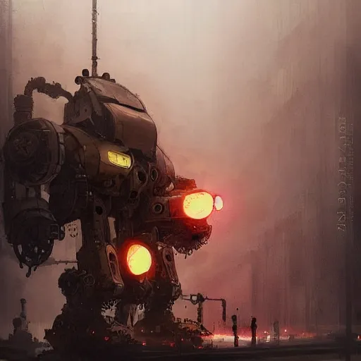 Prompt: gigantic steampunk mecha, industrial machine, colored light beams, dense fog, trending on artstation, jakub rozalski