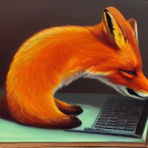 Image similar to oil painting of a fox typing on a laptop