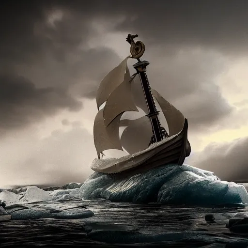 Prompt: A viking ship sailing in a stormy dark seas with ice and huge waves, intricate detail, octane render, masterpiece, lighting