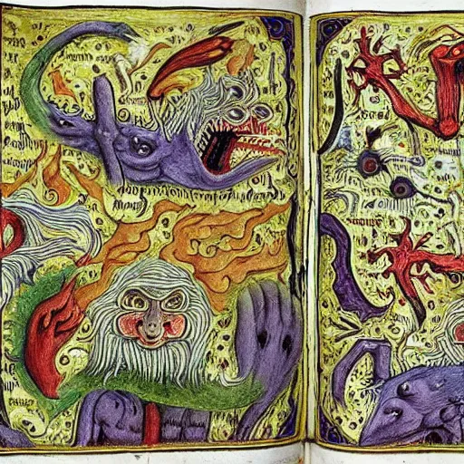 Image similar to medieval bestiary of repressed emotion monsters and creatures starting a fiery revolution in the psyche, in the style of COdex Seraphinianus