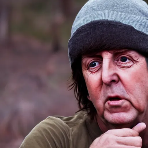 Prompt: trail cam footage of sad young Paul McCartney crying and looking very unhappy photorealistic trending on artstation 8k high quality very coherent art lighting