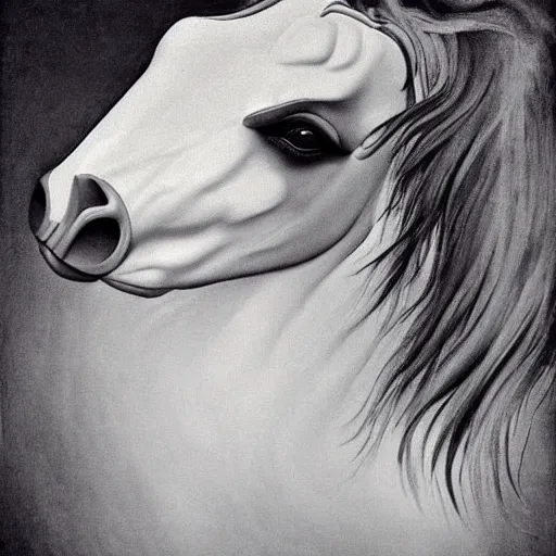 Image similar to painting of a glorious horse head, editorial fashion photography, black and white, by łempicka