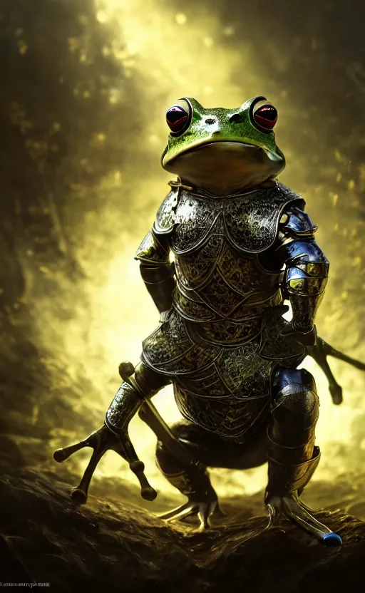 Image similar to a frog, dressed as a knight, holding up a large shield, battle armor, atmospheric lighting painted intricate volumetric lighting, beautiful, sharp focus, ultra detailed by leesha hannigan, ross tran, thierry doizon, kai carpenter, ignacio fernandez rios, makoto shinkai, sharp, mindblowing, 4 k uhd, 8 k