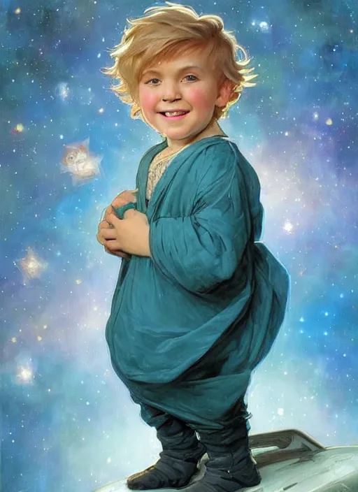 Prompt: a cute little boy with a mischievous face, blue eyes, and tousled blonde hair smiles as he floats in space with stars all around him. he is wearing a turquoise outfit. beautiful painting by artgerm and greg rutkowski and alphonse mucha