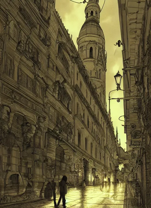 Image similar to Budapest , Dynamic lighting, cinematic, extremely high detail, photo realistic, cinematic lighting, pen and ink, intricate line drawings, post processed, concept art, artstation, matte painting, style by Paru Itagaki