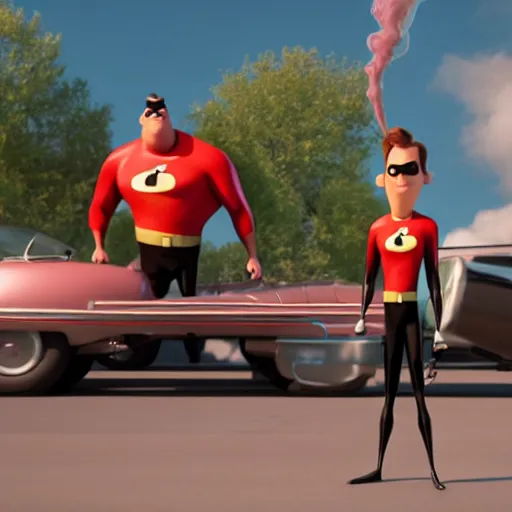 Prompt: film still of mr incredible directing traffic in the the incredibles movie, high detail shot, smoking, render, cgsociety, photorealism