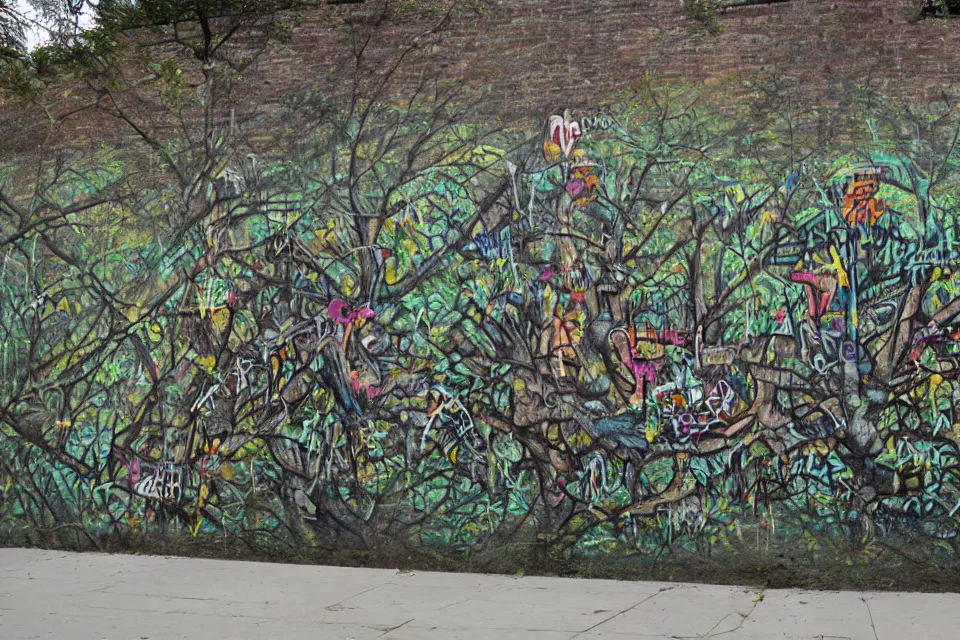 Image similar to graffiti of a forest on a wall, by birdo, alex maksiov and john pugh, anamorphic, surreal