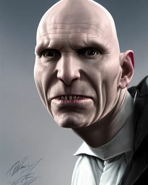 Image similar to portrait of lord voldemort, a 4 0 - year - old bald man, with a white complexion, wide, cat - like scarlet eyes, without nose, and a thin mouth, hyper realistic face, beautiful eyes, character art, art by mark brooks, hyperdetailed, cryengine, trending on artstation, digital art