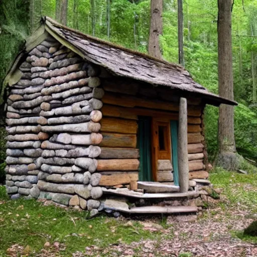 Prompt: in deep forest in france antic farytale story little cabin made by stones many ages secret