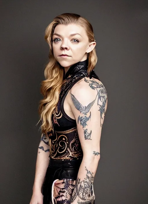 Image similar to natalie dormer wearing miniskirt with fox - tail doing a backflip, beautiful tattoos, focus, zeiss lens, detailed, symmetrical, centered, breathtaking, 8 k resolution, extremely detailed, beautiful, artistic, hyperrealistic, award - winning photography