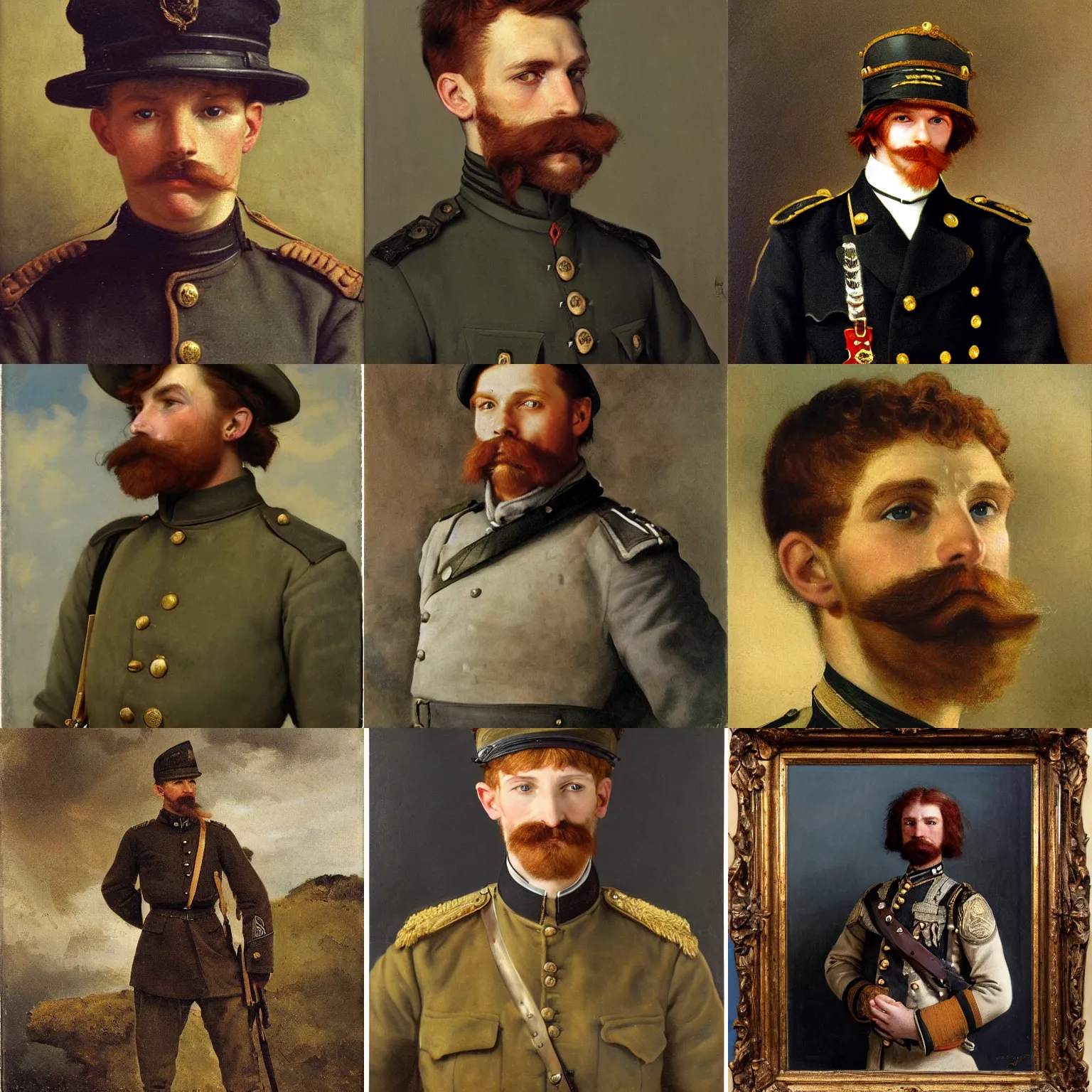 Prompt: late 1 9 th century, austro - hungarian!!! soldier ( handsome, 2 7 years old, redhead ( ( ( michał zebrowski ) ) ) with a small mustache ). old, detailed, hyperrealistic, 1 9 th century, full length, oil canvas by gustave courbet and jan matejko