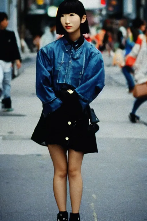 Image similar to a 1 9 9 0 s street fashion photograph of a young japanese woman in 9 0 s fashion!!!, in bubble era tokyo ueno, shot on cinestill 5 0 d with a canon 8 5 mm at f / 5. 6 lens, print magazine quality!!, very photorealistic!!, nineties nostalgia!!!, 4 k