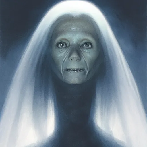 Prompt: head and shoulders portrait of a ghostly, shadowy, spectral wraith portrayed by gwynneth paltrow, d & d, fantasy, greg rutkowski, frank frazetta, alexandre chaudret, boris vallejo, michael whelan, miro petrov, hr giger, magali villeneuve, donato giancola