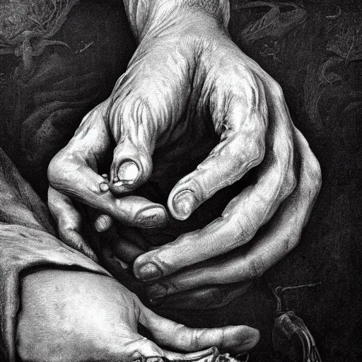 Prompt: the withered hand, a rotting severed hand, 5 fingers | black and white detailed art-piece | baroque artstyle |