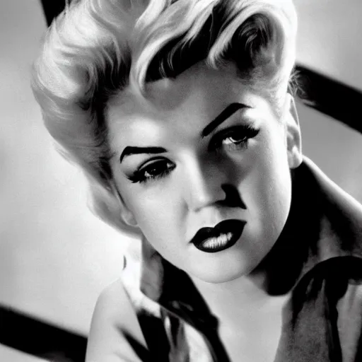 Image similar to a person who is a genetic combination of elvis presley and marilyn monroe, face and upper - body focus, detailed eyes, androgynous, photograph taken in 1 9 5 5, award winning photograph