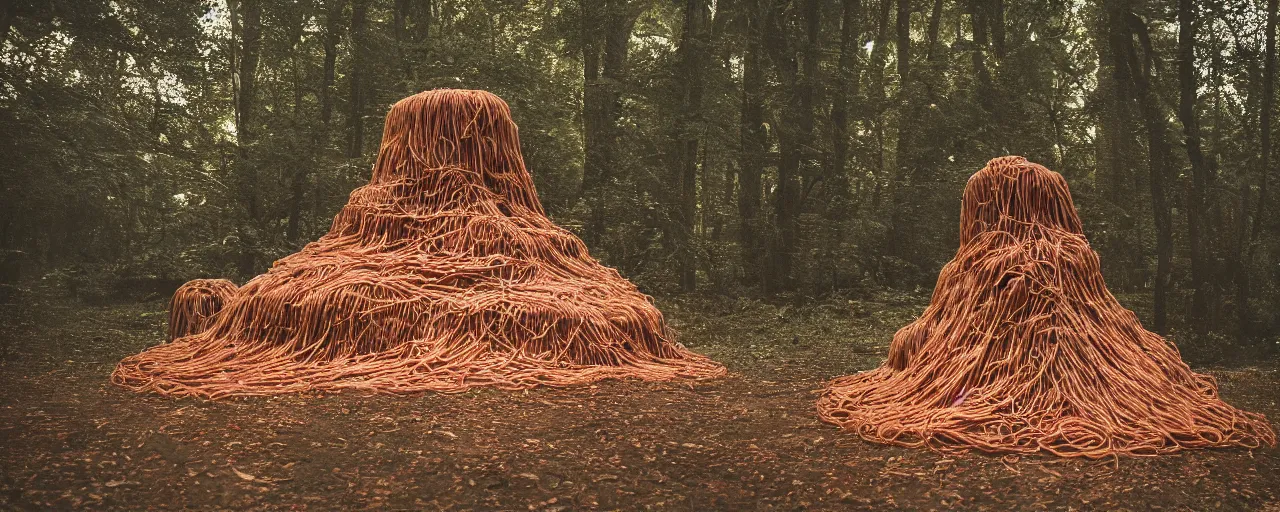 Image similar to an ancient aztec temple in the middle of the forest covered in spaghetti and meatballs, with parmesan cheese, canon 5 0 mm, cinematic lighting, photography, retro, film, kodachrome