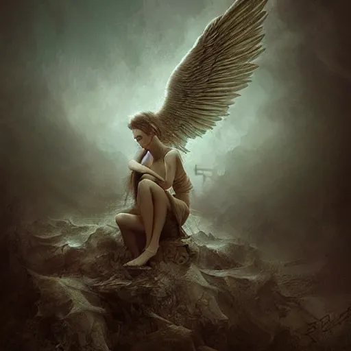 Image similar to A magnificent and beautiful digital painting of an angelic figure in a dreamlike and surreal landscape, by Ekaterina Savic and Bastien Lecouffe Deharme