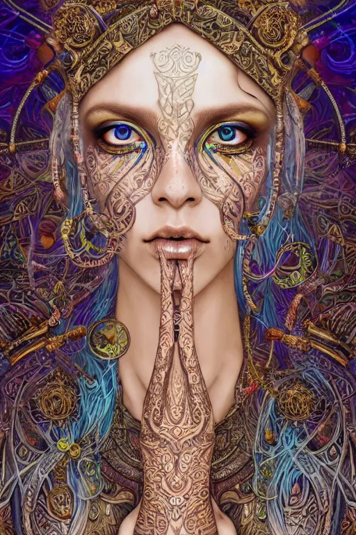 Prompt: a centered render of an mytical festival hippy with tribal tattoos wearing intricate metallic clothing surrounded by a underwater ink pour and flowing liquid gallium and sacred geometry, perfect body and face, gorgeous, cinematic, beautifully lit, by miho hirano, by karol bak, by donato giancola, 3 d, trending on artstation, octane render, 8 k