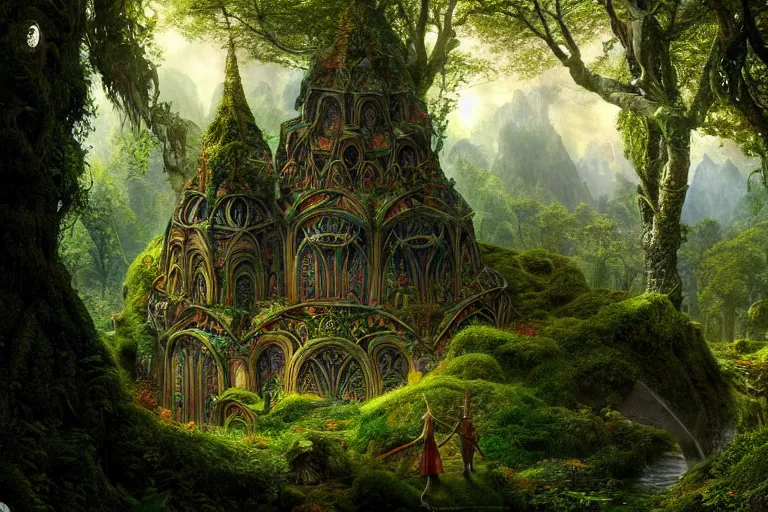 Prompt: a beautiful and highly detailed digital painting of an elven structure in lush forest in the mountains, psychedelic, celtic, intricate details, epic scale, 8 k, sharp focus, photorealism, artstation, cgsociety, by caspar friedrich, albert bierstadt, james gurney, brian froud,