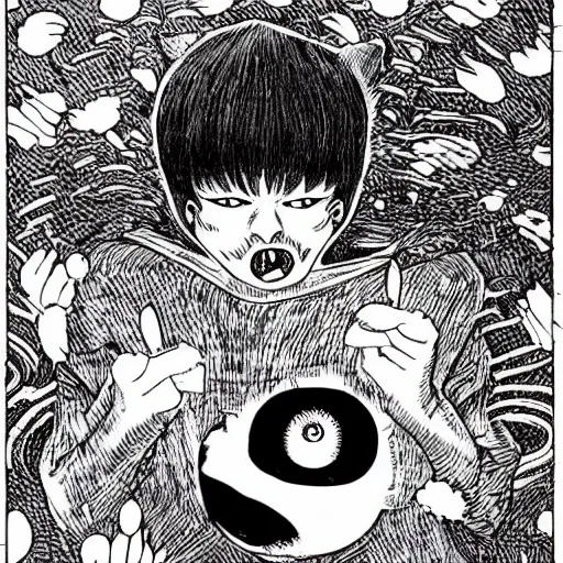 Image similar to a frightening cat consuming a body whole, by junji ito