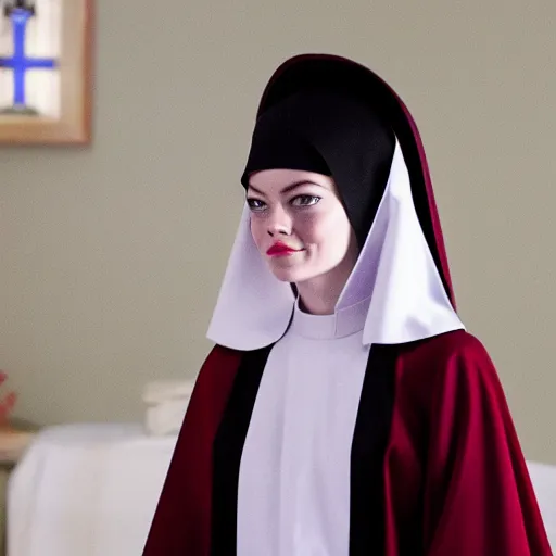 Image similar to A full body shot of Emma Stone dressed as a nun , catholic , high quality, fully detailed, 4k, in focus, detailed eyes