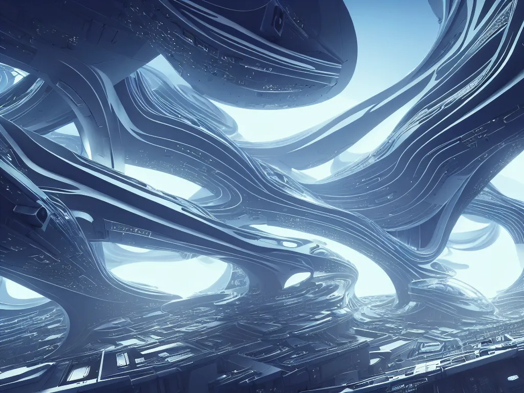 Image similar to an elaborate cyber wave ornate spaceship, cinematic, shadows, partly cloudy day, 4 k, detailed, by zaha hadid and peter jackson and ridley scott and beeple and greg rutowski