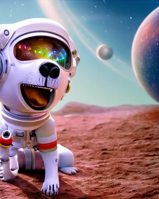 Prompt: Happy Astronaut Dog discovers The Planet of Bones, whimsical render, Pixar animation, movie still, 4k, 3d render, bold colors, wide angle