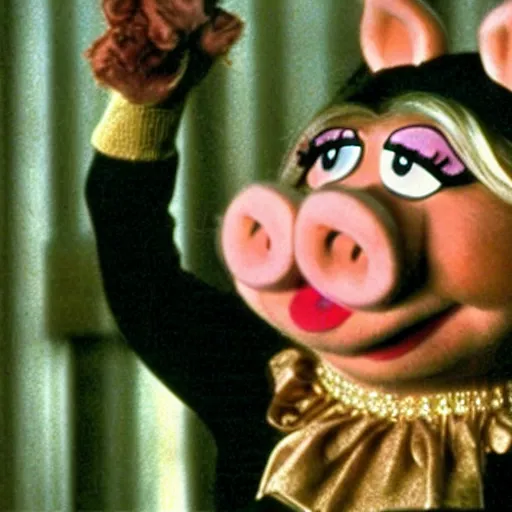 Image similar to movie still of miss piggy starring as trinity in the matrix 1 9 9 9 movie