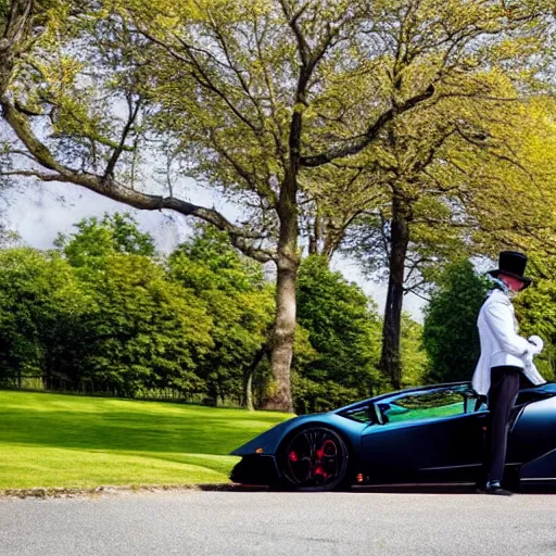 Prompt: gentleman with a top hat smoking a cigar leaning on a lamborghini, sunny weather, birds flying around, lots of trees around