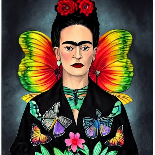 Prompt: my soul is painted like the wings of butterflies fairy tales of yesterday will grow but never die, inspired by frida kahlo