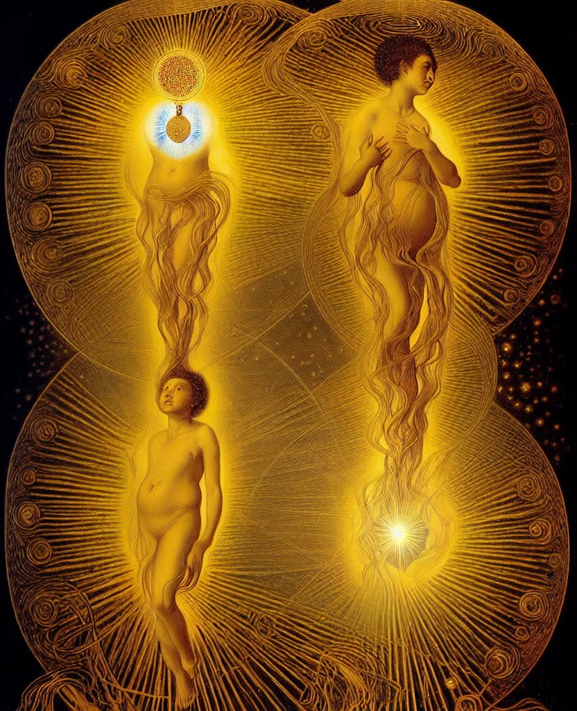 Prompt: a golden child radiates a unique canto'as above so below'while being ignited by the spirit of haeckel and robert fludd, breakthrough is iminent, glory be to the magic within, in honor of venus, painted by ronny khalil