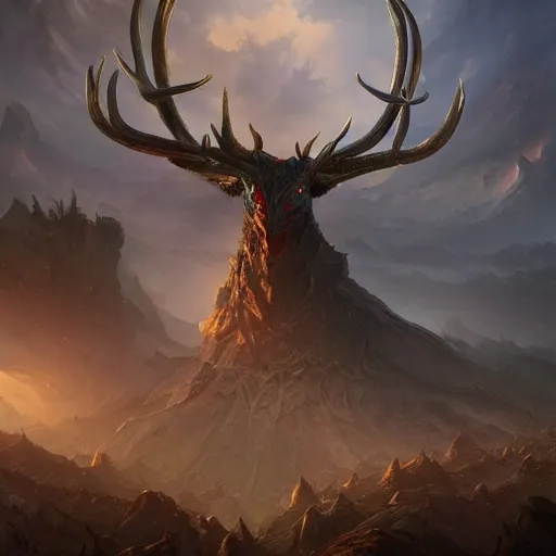 Image similar to giant warrior stag in a vortex of rock, 8 k resolution matte fantasy painting, cinematic lighting, deviantart artstation, jason felix steve argyle tyler jacobson peter mohrbacher