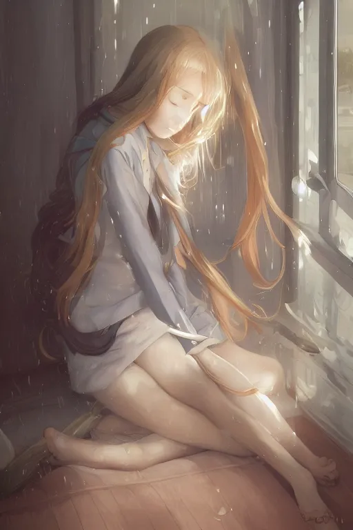 Prompt: a teenage girl in a jk uniform outfit in the bedroom reading a book in a night, raining outside the window, grey and orange theme ， wavy white long hair, by krenz cushart and mucha and akihito yoshida and greg rutkowski and wlop, detailed eyes, 4 k resolution