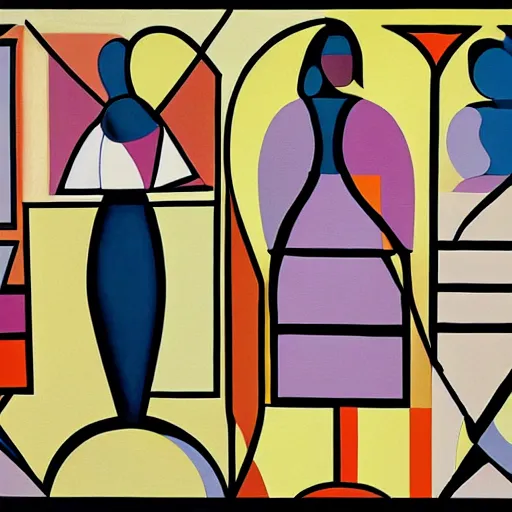 Image similar to A modern abstract painting in the style of HILDEGARDE HANDSAEME, depicting three women figures in three different rooms doing different poses, modern earthy neutral earthy, interesting geometry, in the style of HILDEGARDE HANDSAEME