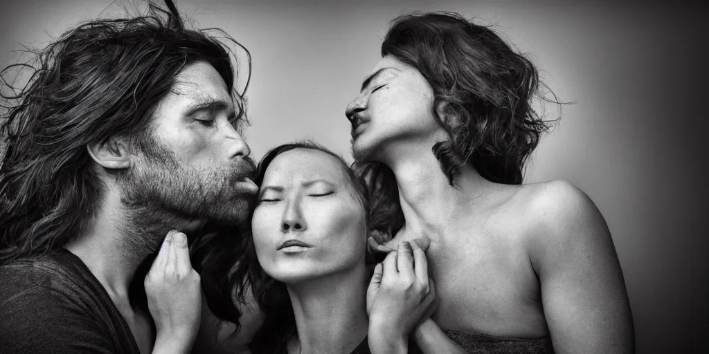 Prompt: full-face portrait of a typical person kissing with waist-length incredible hair by Richard Avendon and Lee Jeffries, eyes closed, aquiline nose, XF IQ4, 150MP, 50mm, F1.4, ISO 200, 1/160s, natural light, Adobe Lightroom, photolab, Affinity Photo, PhotoDirector 365