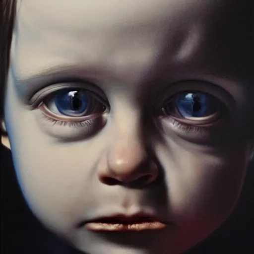 Prompt: high quality high detail painting by gottfried helnwein, hd, portrait of a psychopath, intense unsettling look in the eyes, photorealistic lighting