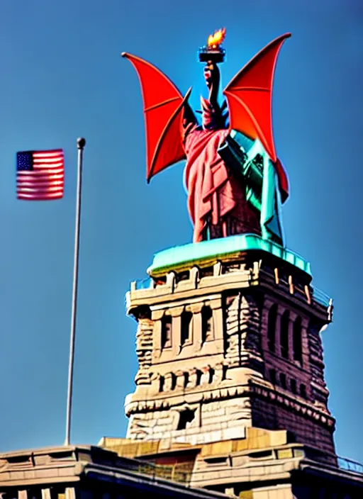 Image similar to red dragon and statue of liberty